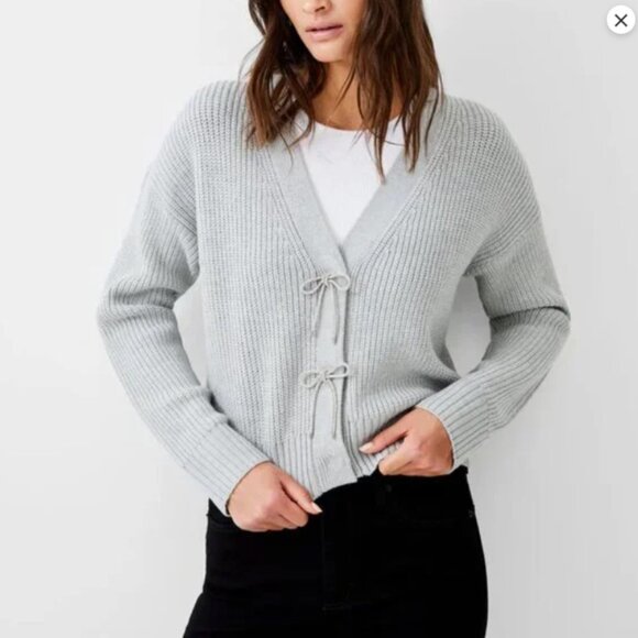 FRENCH CONNECTION Soft Sparkly Bow Embellished Cardigan In Light Grey